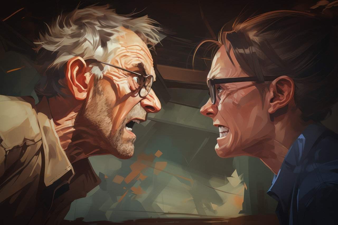 An animated depiction of an intense argument, seeking validation, between an elderly man with gray hair and a woman with glasses. Both appear frustrated, leaning toward each other with angry expressions against a dark background, illustrating the complexities of relationships.
