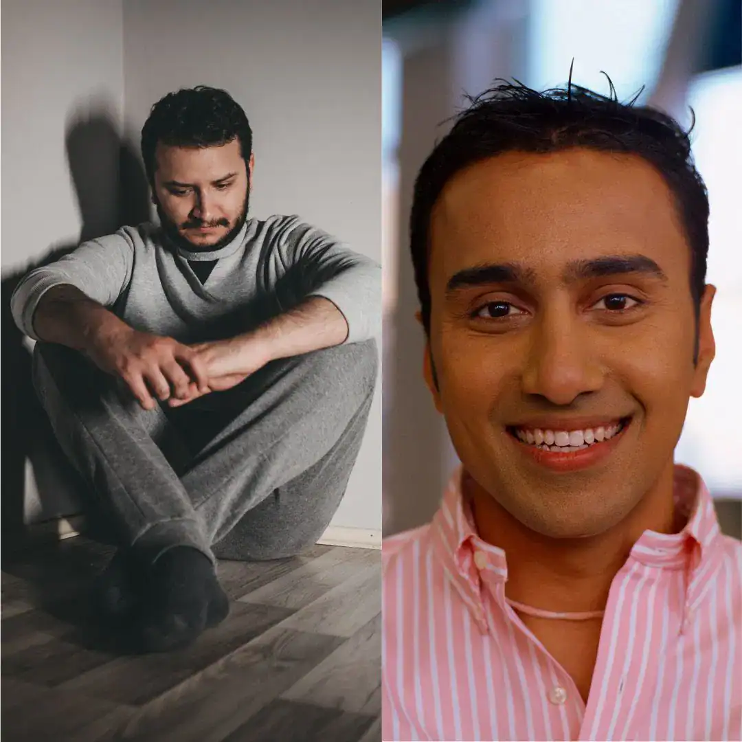 A split image shows a transformation. On the left, a man in grey casual clothing sits on the floor looking sad and reflective. On the right, showcasing personal development, the same man appears happy and confident, smiling broadly while wearing a striped pink shirt.