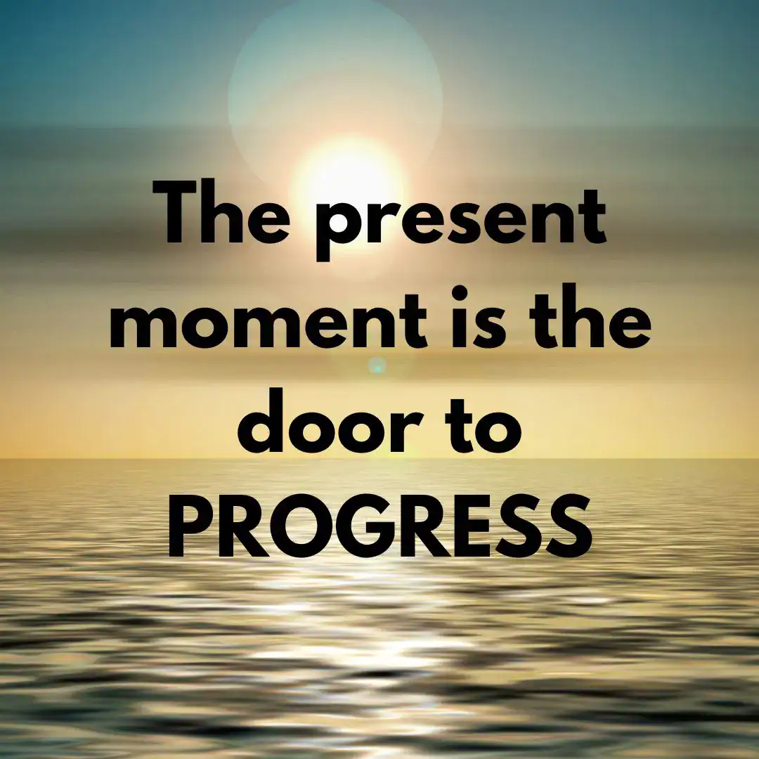 A serene image of a sunset over calm waters with the text "The present moment is the key to personal growth" in bold, black letters superimposed in the center. The text emphasizes mindfulness and personal growth.