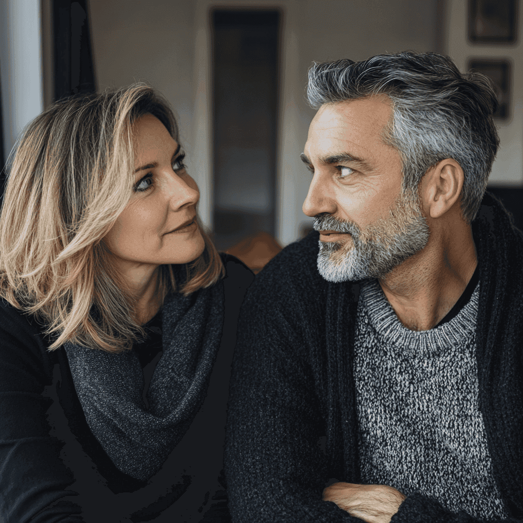 A couple looking at each other smiling, with a woman on the left and a man on the right. They have gray hair and wear dark sweaters. Their gaze seems to seek validation, while the softly blurred background hints at an intimate indoor setting.