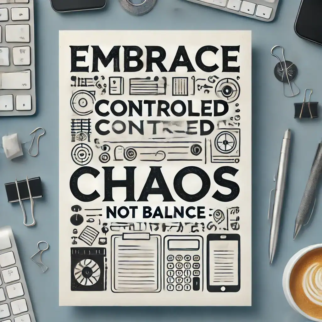 A flat lay showcases a notebook with "Embrace controlled chaos, not balance" amid office essentials—pens, paper clips, a calculator, and a keyboard—on a gray surface, challenging the idea of work-life balance with its energizing message.