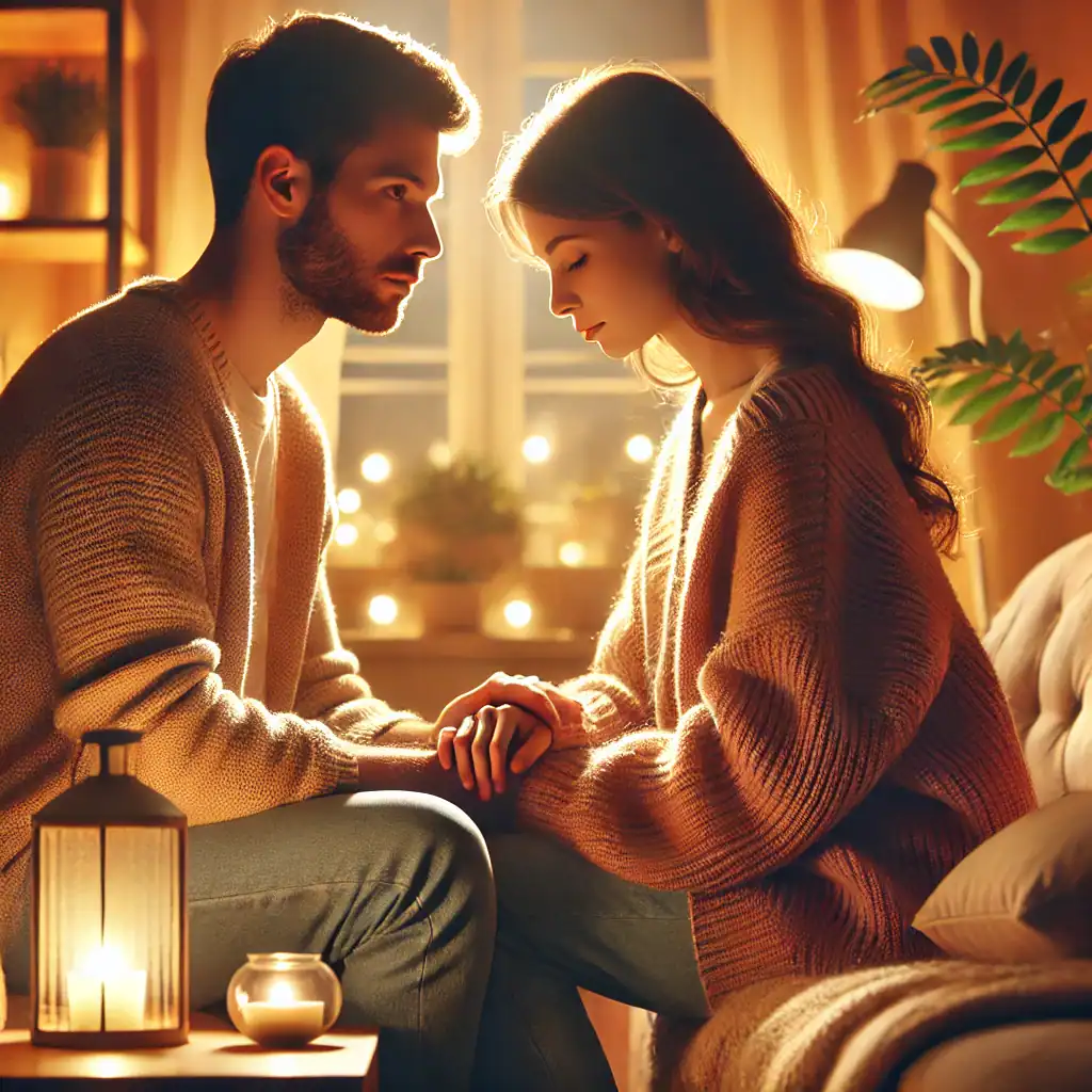A couple sits holding hands in a warmly lit room, embodying the key to a successful relationship. Soft lighting creates a cozy atmosphere with candles and plants in the background. Both wear cozy sweaters, their expressions calm and thoughtful, reflecting deep connection and understanding.