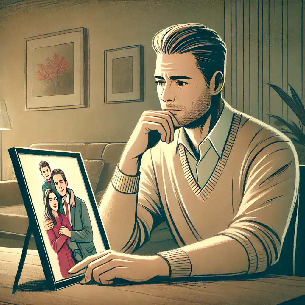 A thoughtful man sits at a table, reflecting on 3 lessons he knew before marriage, as he gazes at a framed family photo. The picture shows a woman, child, and another man smiling warmly in a cozy living room adorned with plants and artwork.