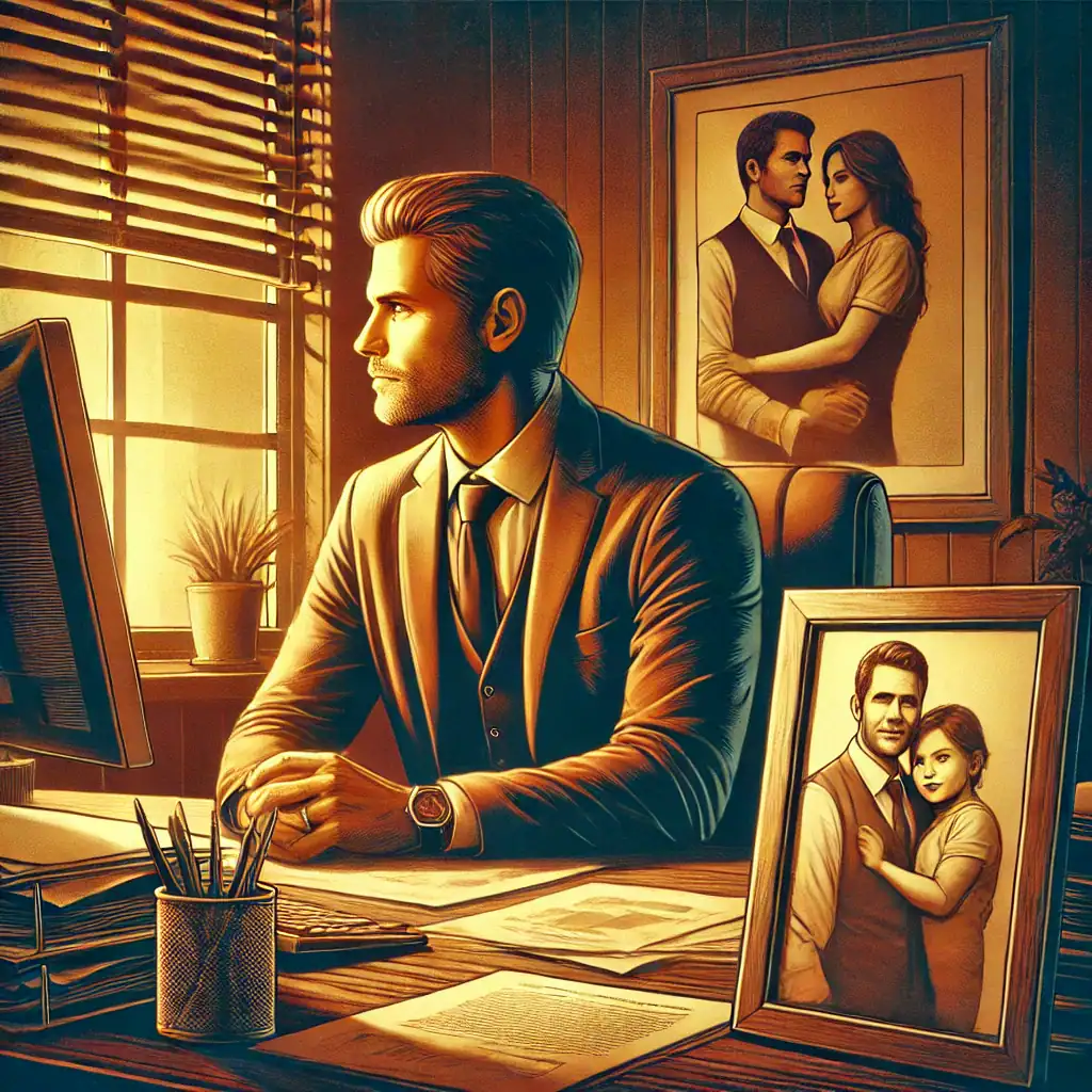 A person in formal attire sits at a desk, focused on their career, as sunlight filters through the window blinds of a warmly lit office. Behind them are two framed photos; one of a loving couple and another capturing a joyful family moment with an adult and child.