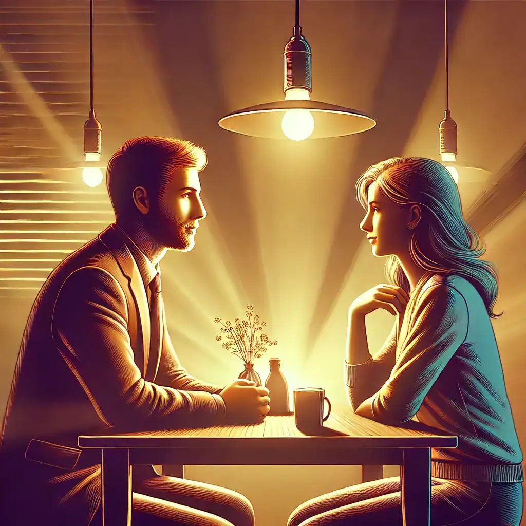 A man and woman sit across from each other at a small table, illuminated by warm hanging lights. The man holds a small bottle with flowers. Both are engaged in conversation, demonstrating the importance of communication, which creates an intimate, cozy atmosphere.