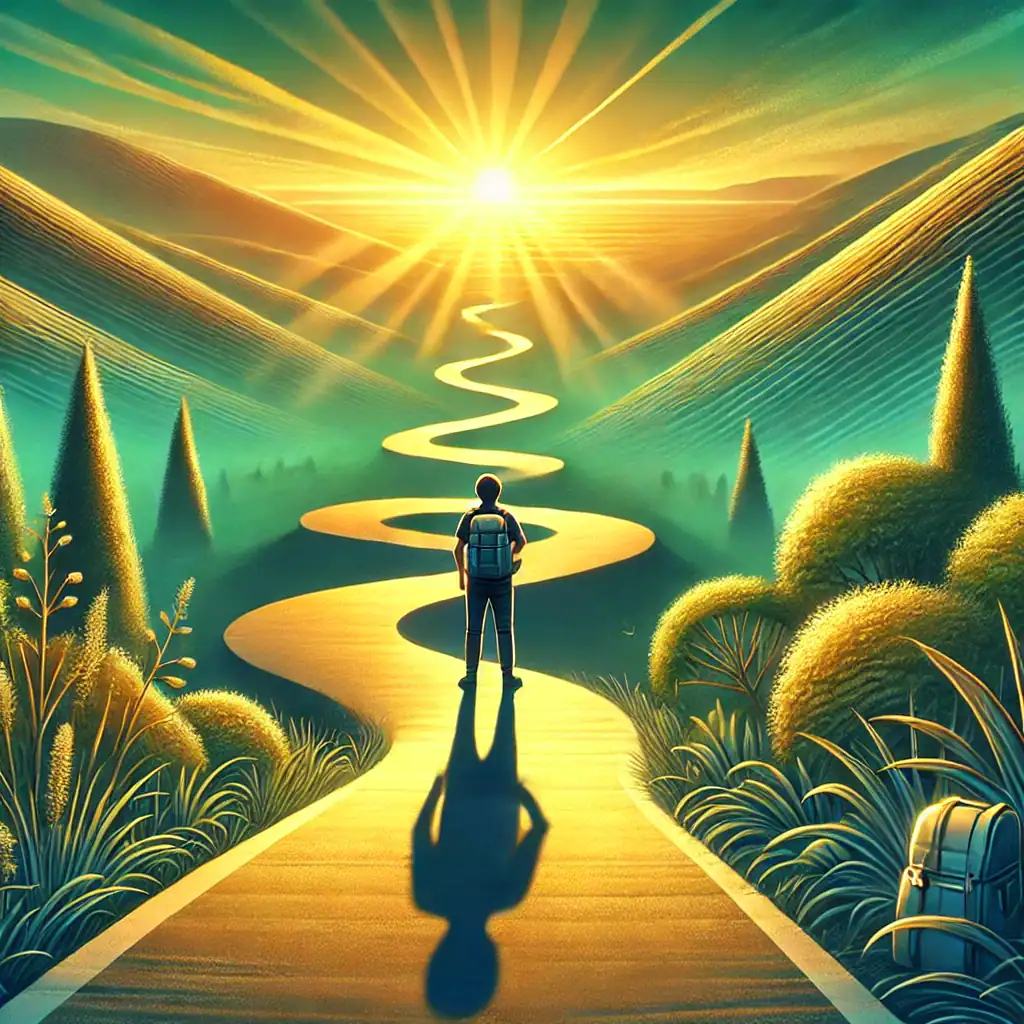 A person stands on a winding path leading towards a bright, radiant sun on the horizon, pondering why they’re starting this journey. The landscape is lush and green, with stylized trees and hills. A backpack rests beside the path, symbolizing new beginnings. The scene is vibrant and surreal.