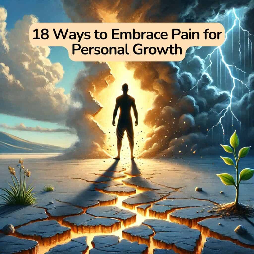 A silhouette of a person stands between sunny and stormy skies, symbolizing balance in the journey of personal growth. Cracked ground below with a small plant signifies resilience. Text: "18 Ways to Embrace Pain for Personal Growth.