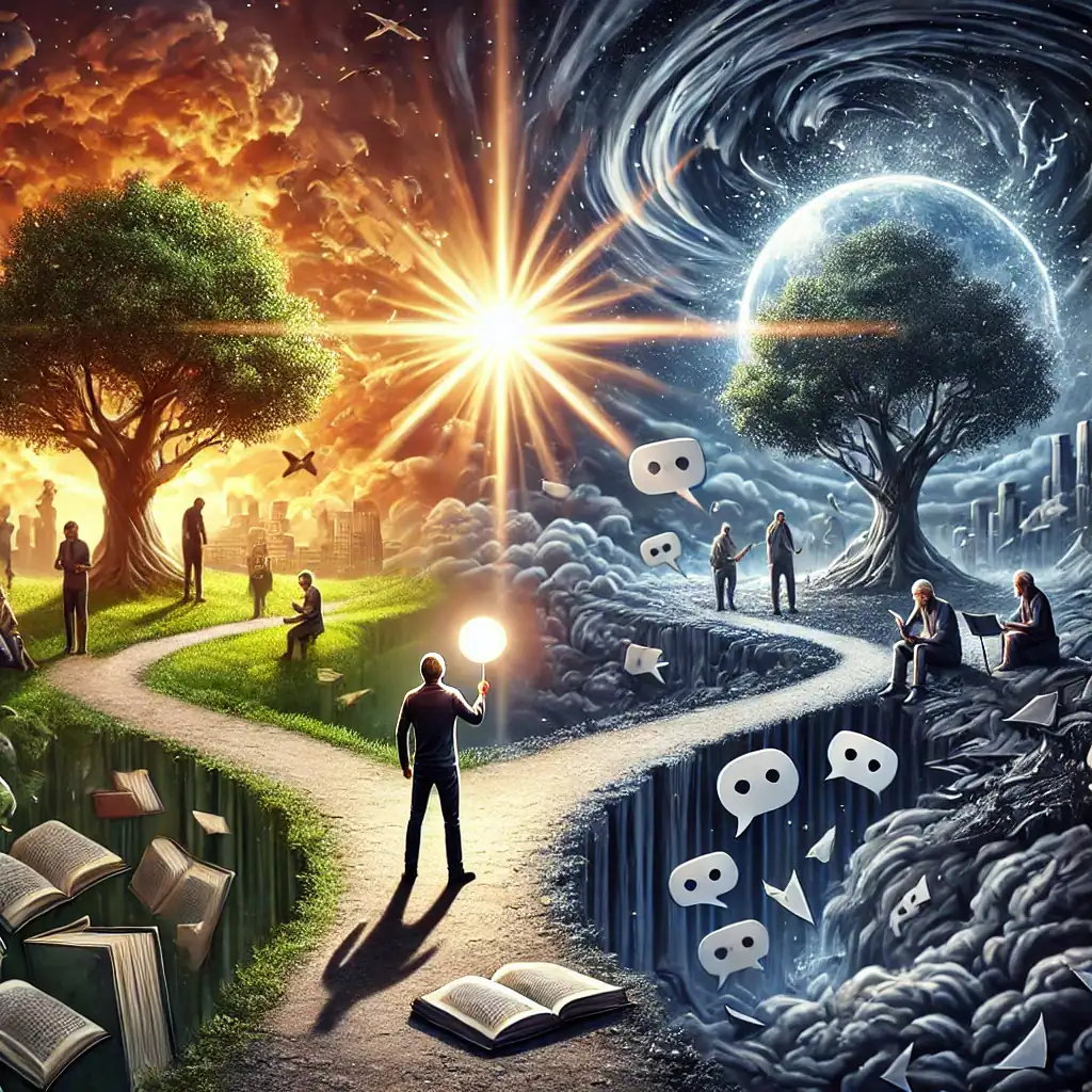 A surreal landscape unfolds with two paths: one sunny, lined with vibrant trees and books symbolizing growth, the other dark, filled with numbers and futuristic structures. At the crossroads stands a figure holding a glowing orb, embodying choice or duality.