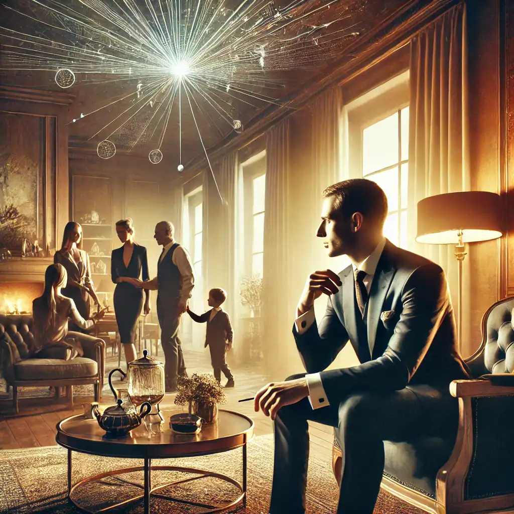 A well-dressed man sits contemplatively in an elegant, warmly lit room, embodying the aura of wealth. Other people, including a child, are socializing in the background. A modern chandelier gleams overhead, and a tea set is on a nearby table, reflecting the intricacies of relationships.