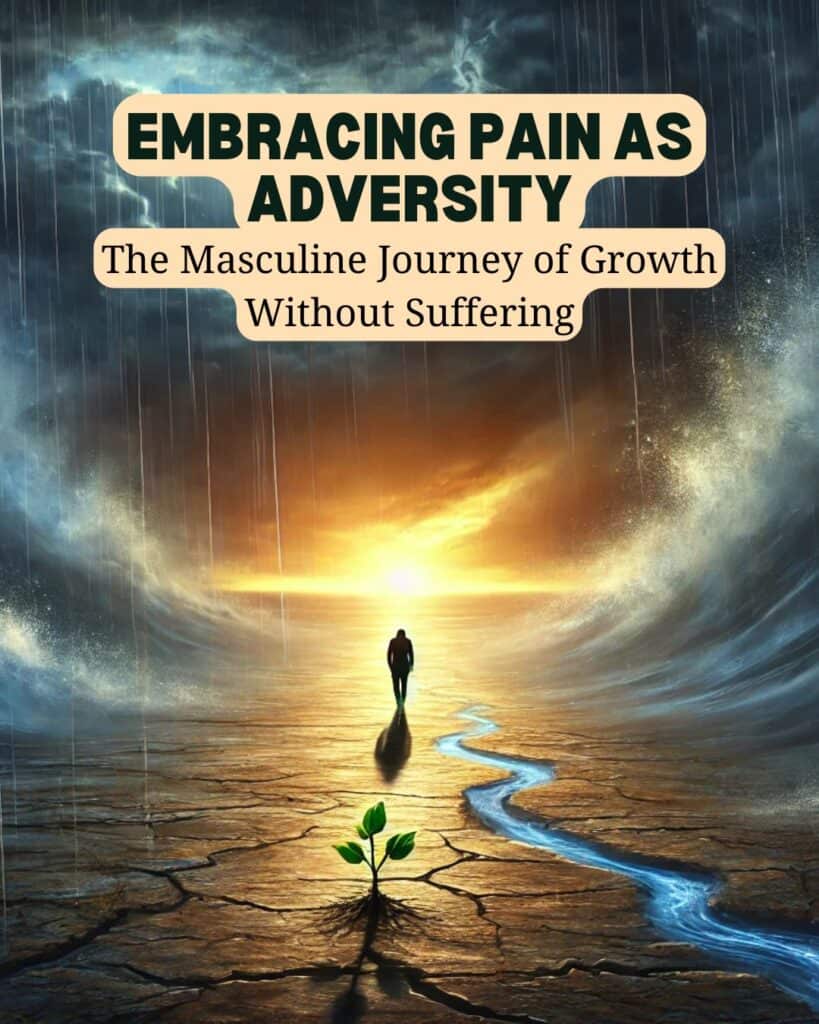 A person walks toward a glowing horizon on a cracked, barren landscape with a single green plant. The sky is stormy. Text reads, "Embracing Pain as Growth: The Masculine Journey of Transformation Without Suffering.