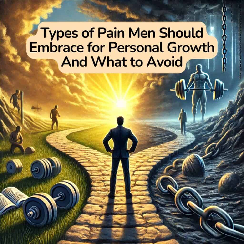 A man stands at a crossroads under a stormy sky. One path is cluttered with weights and books, leading to light and personal growth. The other path is rocky, leading to a dark, muscular figure with a barbell. Text: "Types of Pain Men Should Embrace for Growth And Pain to Avoid.