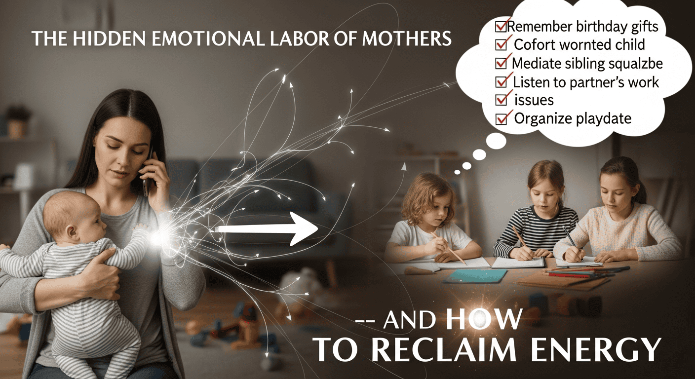 A tired mother multitasks on the phone while holding a baby, with a thought bubble listing tasks and two children playing behind her. Text reads, “The hidden emotional labor of mothers — and ways to reclaim energy.”.
