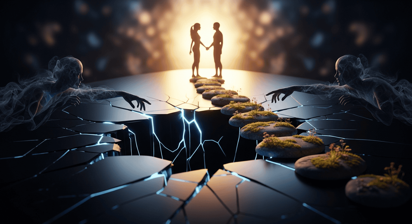 Two people hold hands on a path of stepping stones over a cracked ground, with ghostly figures reaching from either side. Light glows behind the couple, symbolizing hope amid darkness and danger.