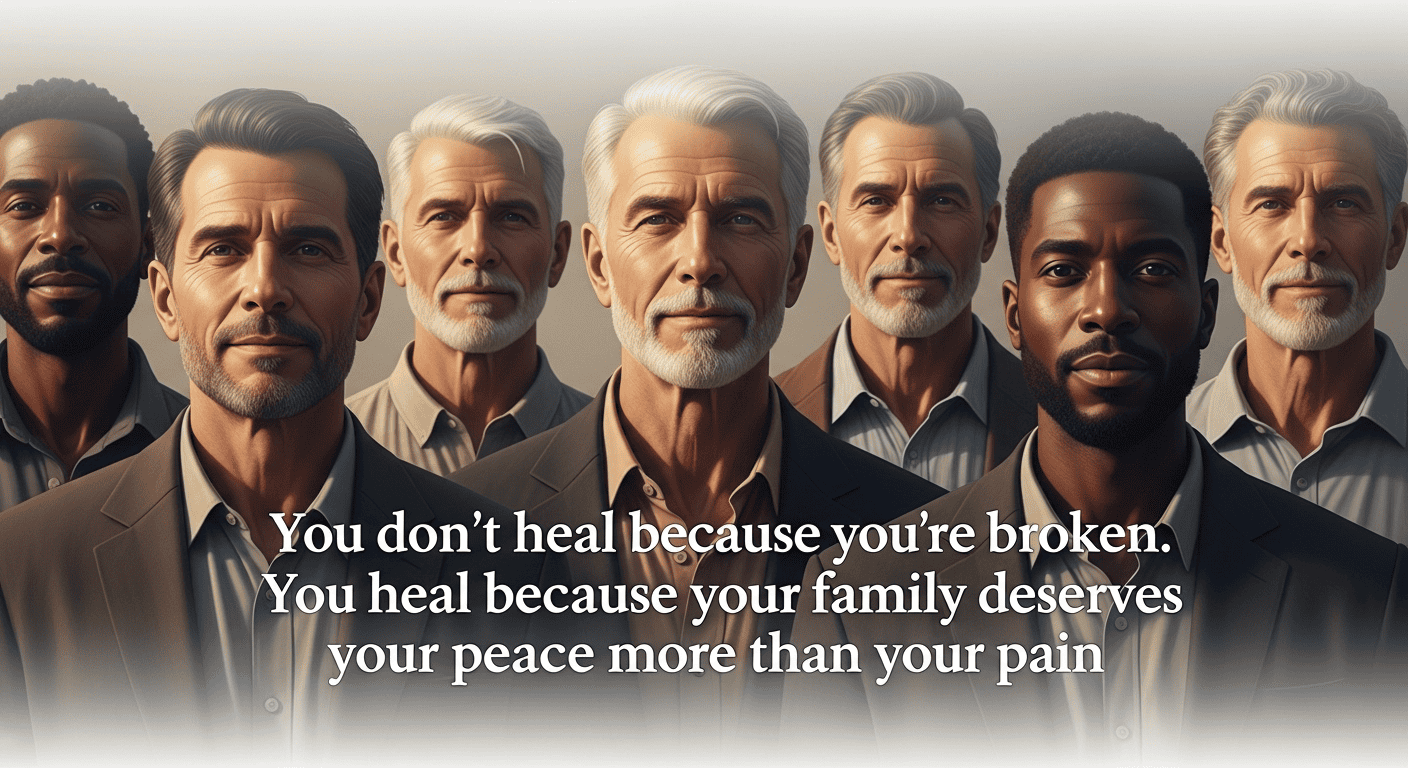 A group of older men in suits stand together, facing forward with calm expressions. Overlaid text reads: "You don’t heal because you’re broken. You heal because your family deserves your peace more than your pain.