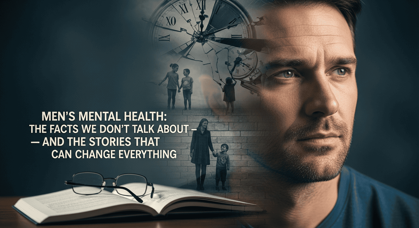 A thoughtful man looks away with an open book and glasses in front of him; a clock, shadowy figures, and children appear in the background. Text reads: "Men’s Mental Health: The facts we don’t talk about—and the stories that can change everything.