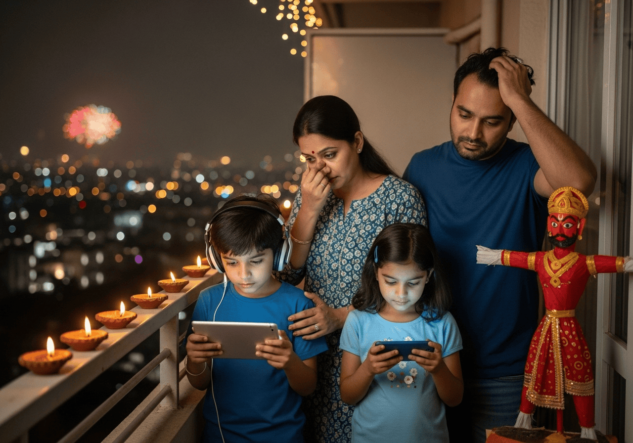 A family stands on a balcony decorated with oil lamps and a Ravana effigy during Diwali. The parents look concerned while their two children are absorbed in digital devices, with fireworks visible in the night sky.