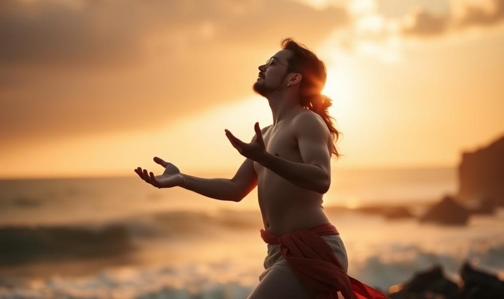 A shirtless person with long hair stands on a beach at sunset, arms raised and palms open, appearing to embrace the warm sunlight. The ocean waves and soft orange sky create a serene, peaceful atmosphere.