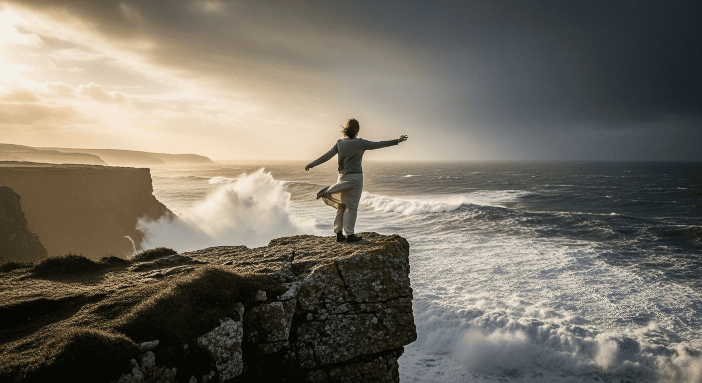 A person stands on a rocky cliff edge, arms outstretched, facing the ocean as large waves crash below under a dramatic, cloudy sky at sunset.