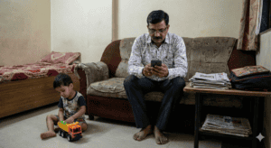 Father and son spending quality time together at home, emphasizing presence over mere proximity.
