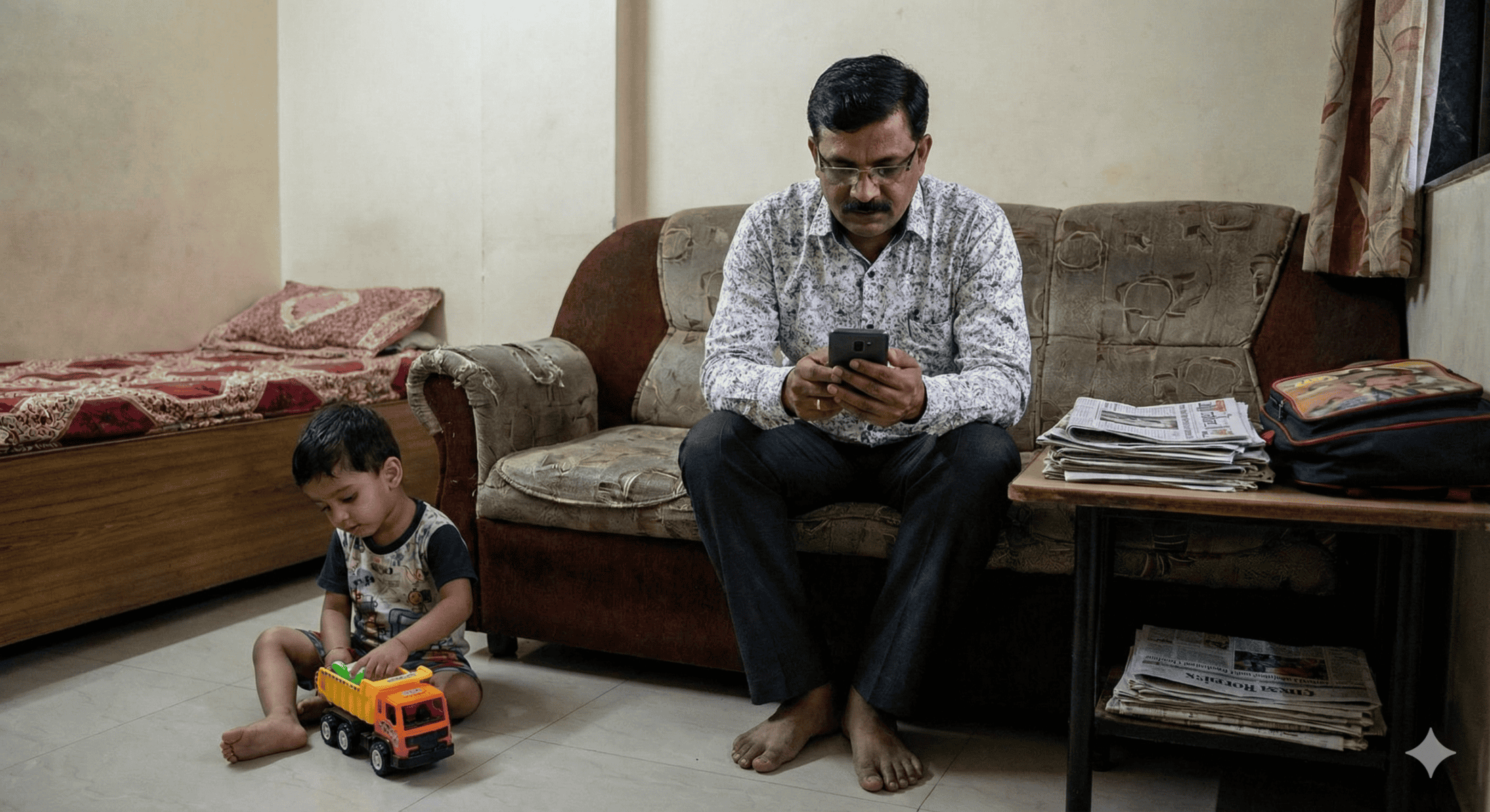 Father and son spending quality time together at home, emphasizing presence over mere proximity.