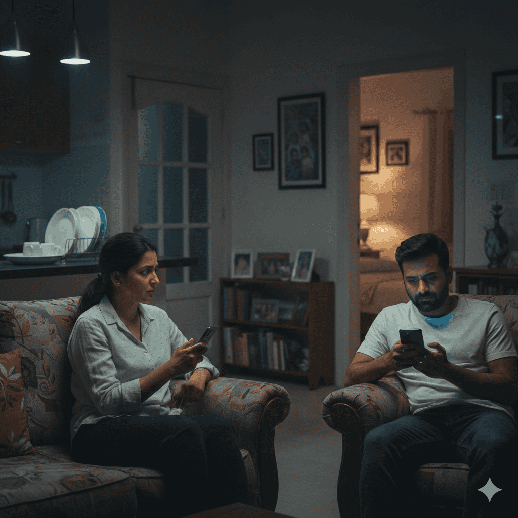 A tired woman and man sit on separate couches in their house’s dimly lit living room at night, both looking at their phones with serious expressions. The atmosphere feels tense and distant between them.
