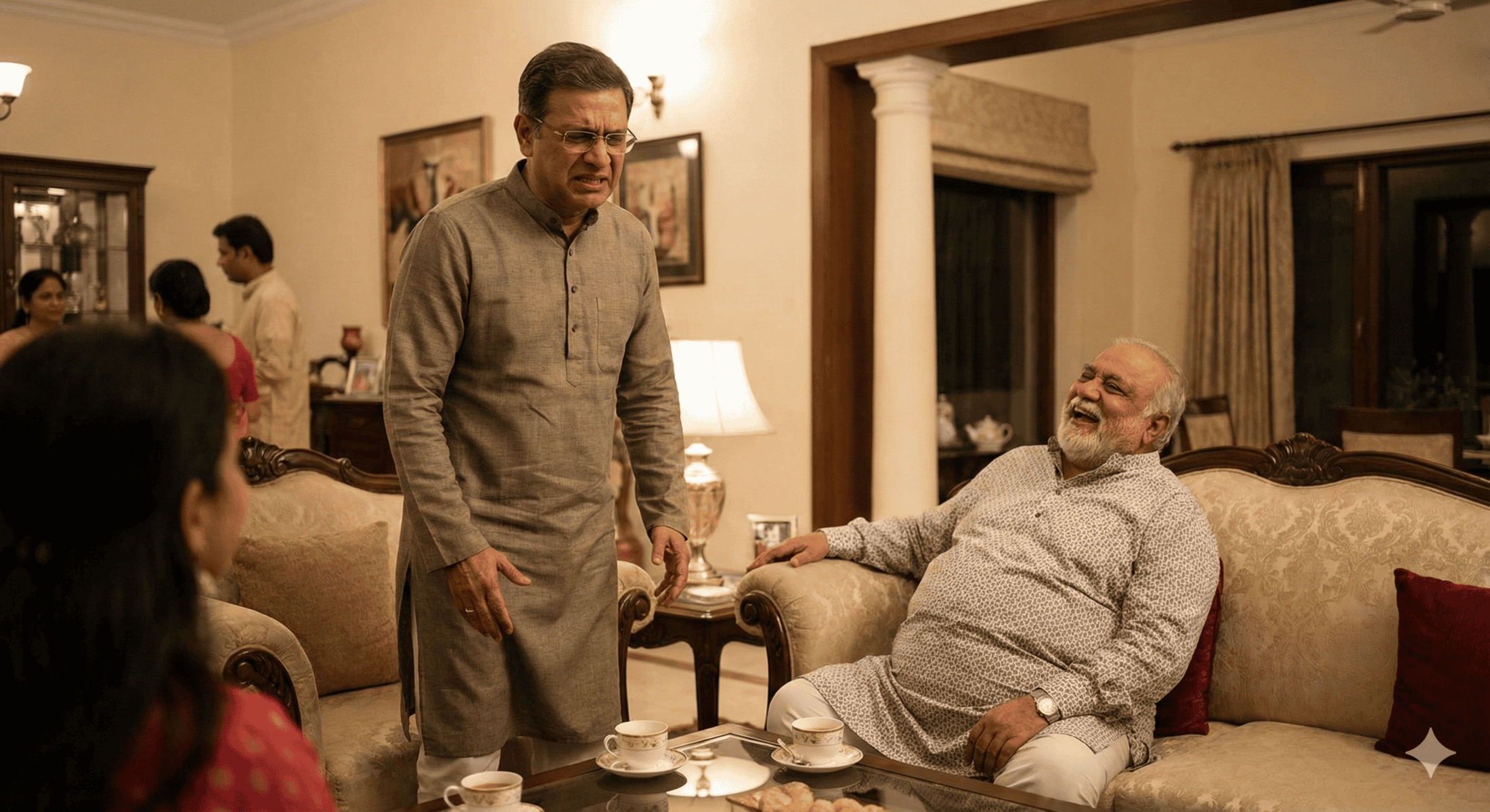 A man in traditional attire stands looking upset while another man, seated on a sofa, laughs. They are in a well-lit living room with tea cups and snacks on the table, and other people are in the background.