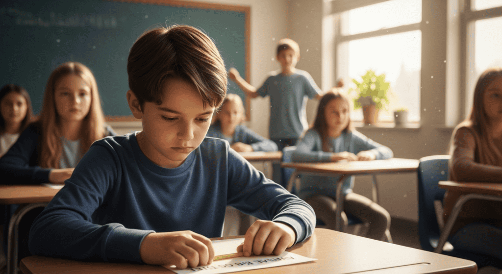 A young boy sits at his desk in a classroom, looking down thoughtfully at a piece of paper, reflecting on personal growth while other students sit nearby. Sunlight streams through the windows, and a chalkboard is visible in the background.