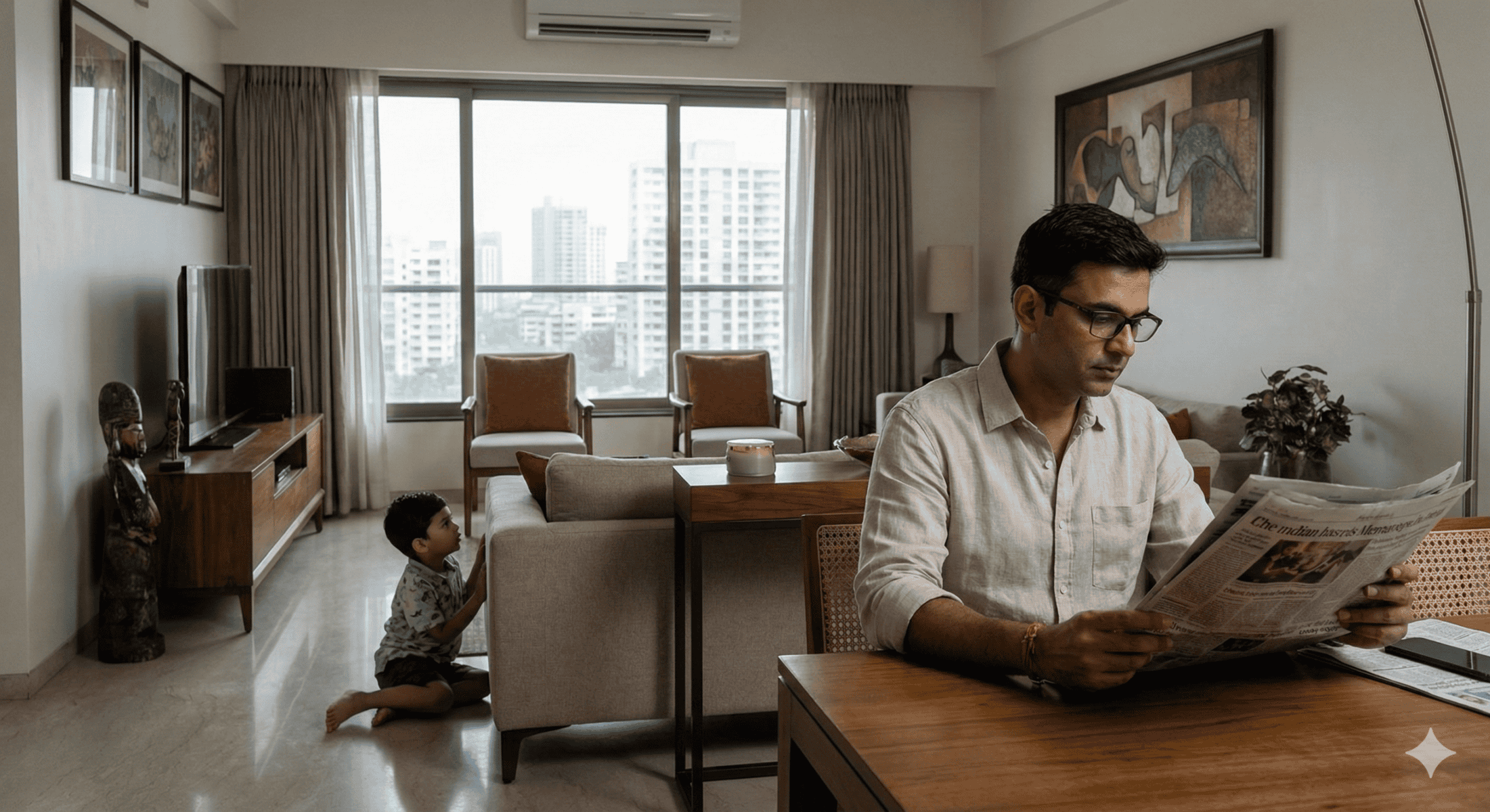 A father sits at a desk reading a newspaper in a modern living room, while his child kneels and plays on the floor by a couch near a large window with city buildings visible outside.