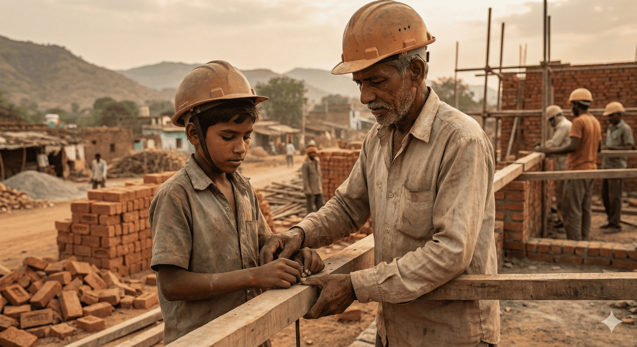 An older man and his son, both in construction helmets, work together on a building site, handling wooden beams. Amid stacks of bricks and other workers under a cloudy sky, the father shares safety tips and life lessons.