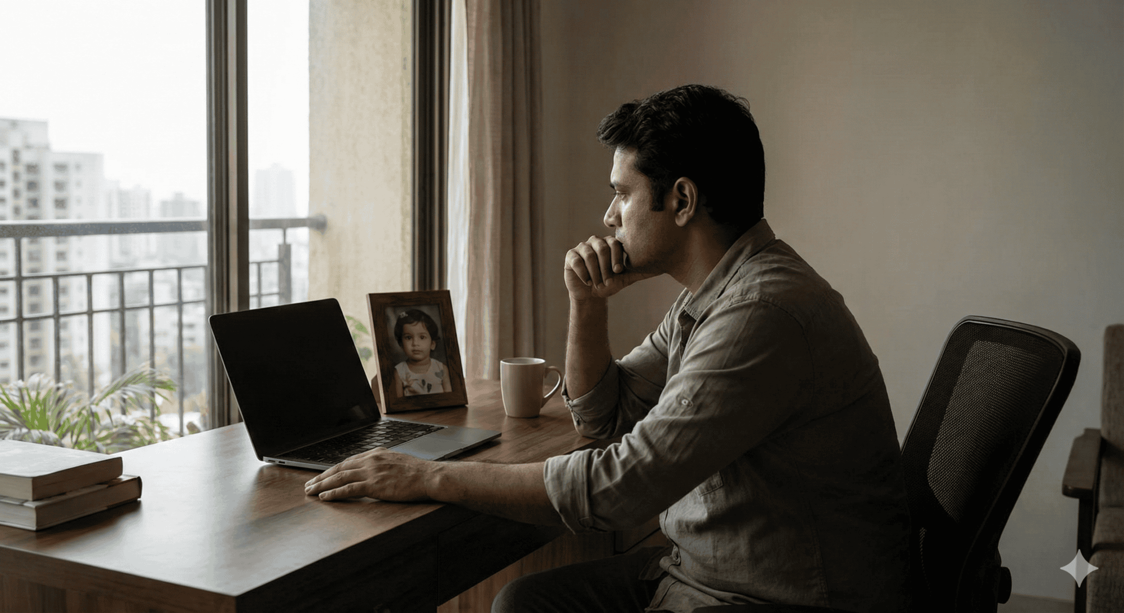 A man sits at a desk working on a laptop, looking thoughtful. There is a framed photo of a child, a coffee mug, and some books on the wooden desk. A window behind him shows city buildings and lets in natural light.