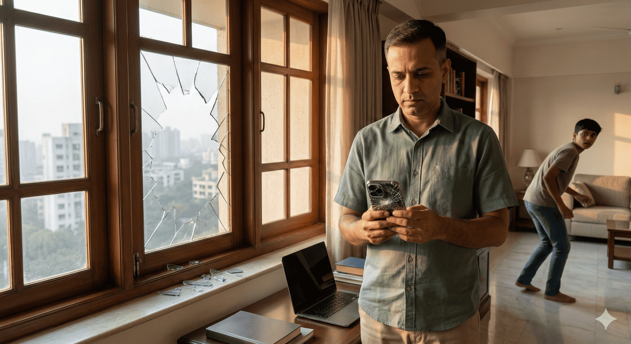 A man stands indoors looking at his phone, unaware of a burglar sneaking behind him. A broken window with shattered glass on the floor and a laptop on the desk show evidence of the break-in. City buildings are visible outside.