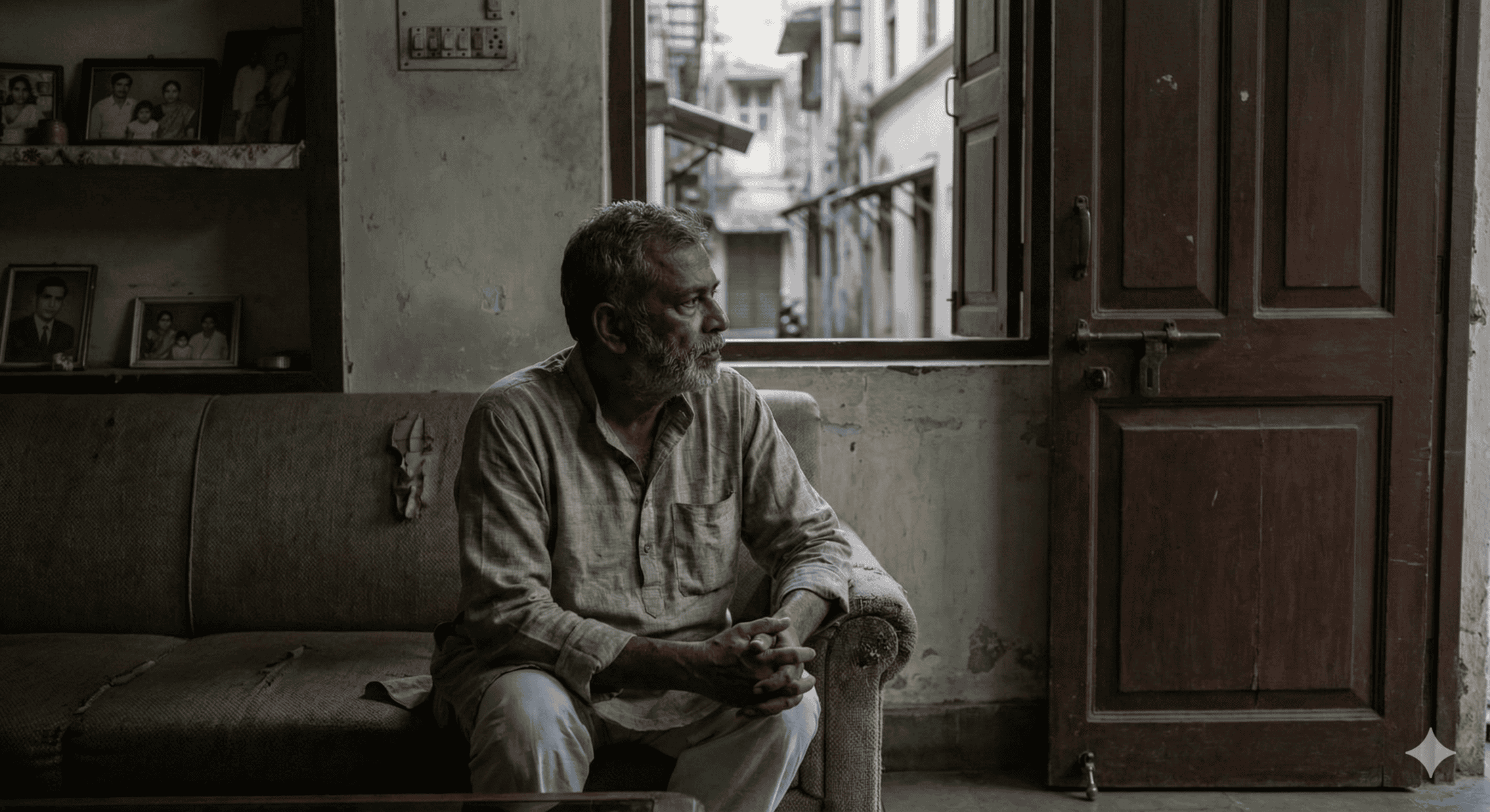An elderly man with gray hair and a beard sits pensively on a worn sofa in a dimly lit room, wrapped in silence after the door closes, gazing out of an open window. The walls are old and peeling, family photos displayed on a shelf behind him.