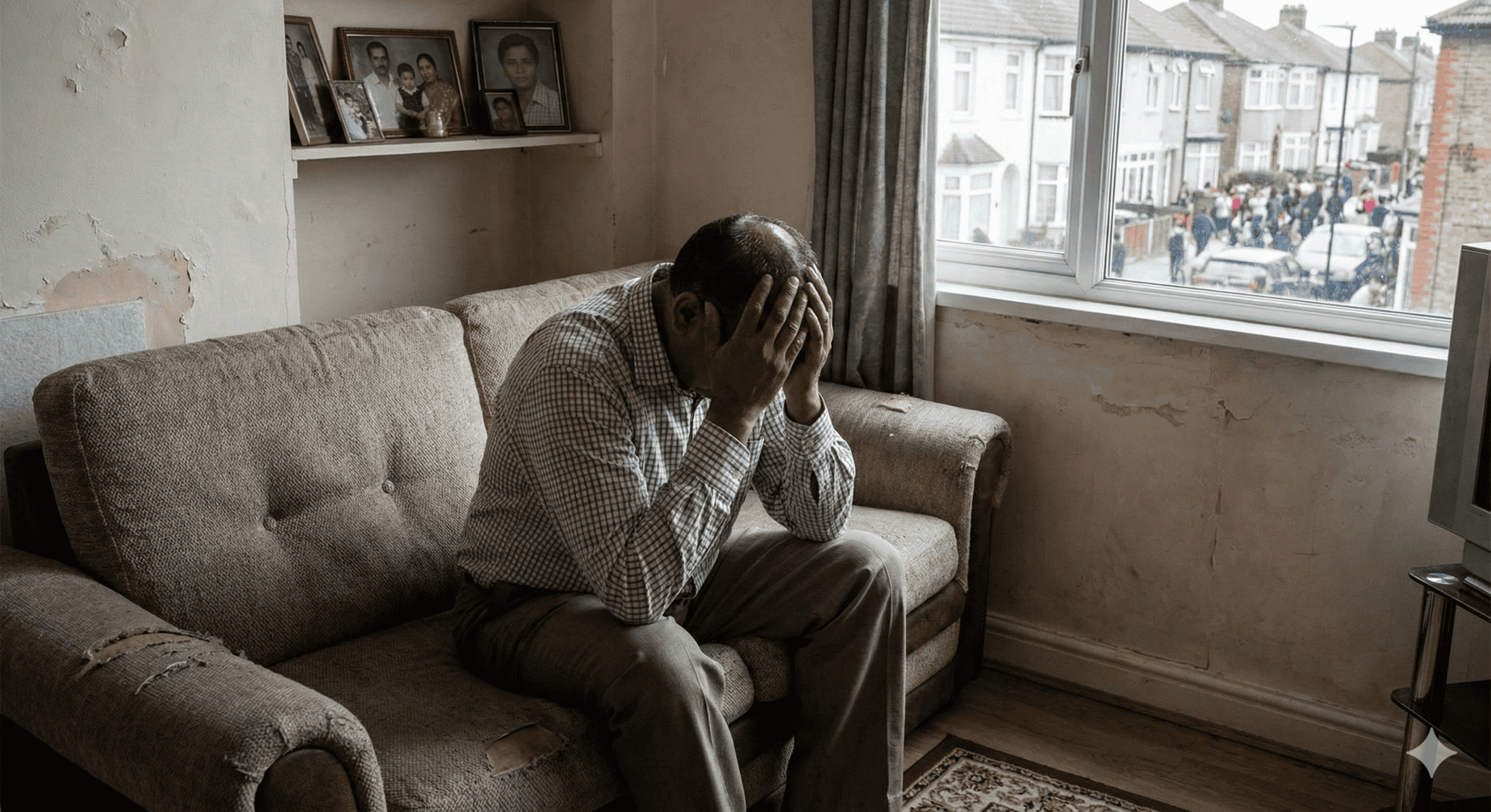 Man sitting on sofa with head in hands, experiencing stress after work.