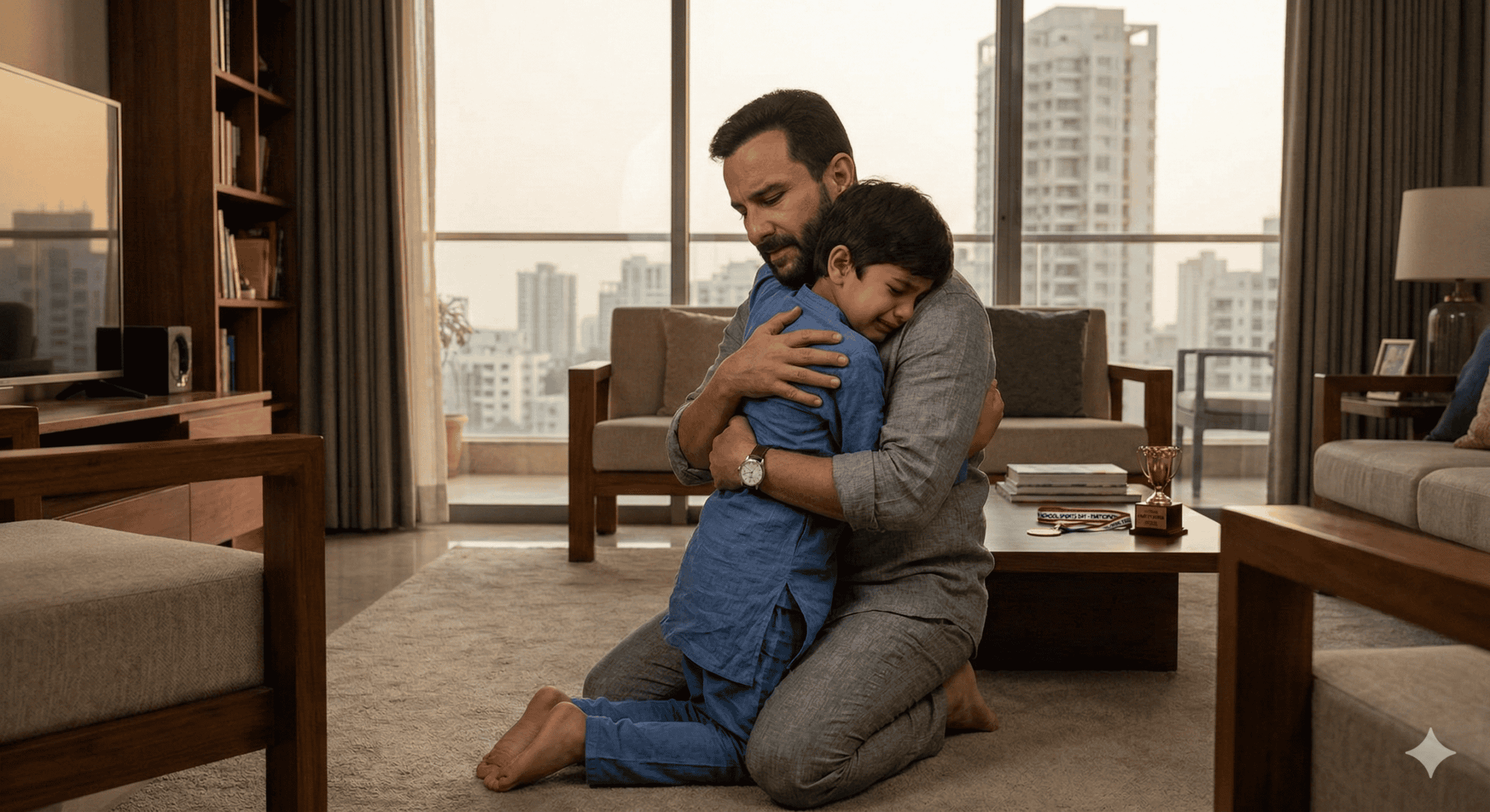 A man kneels on a living room carpet, hugging a young boy tightly. Both have their eyes closed, and the scene appears emotional. Large windows show city buildings outside, and the room has wooden furniture and warm lighting.