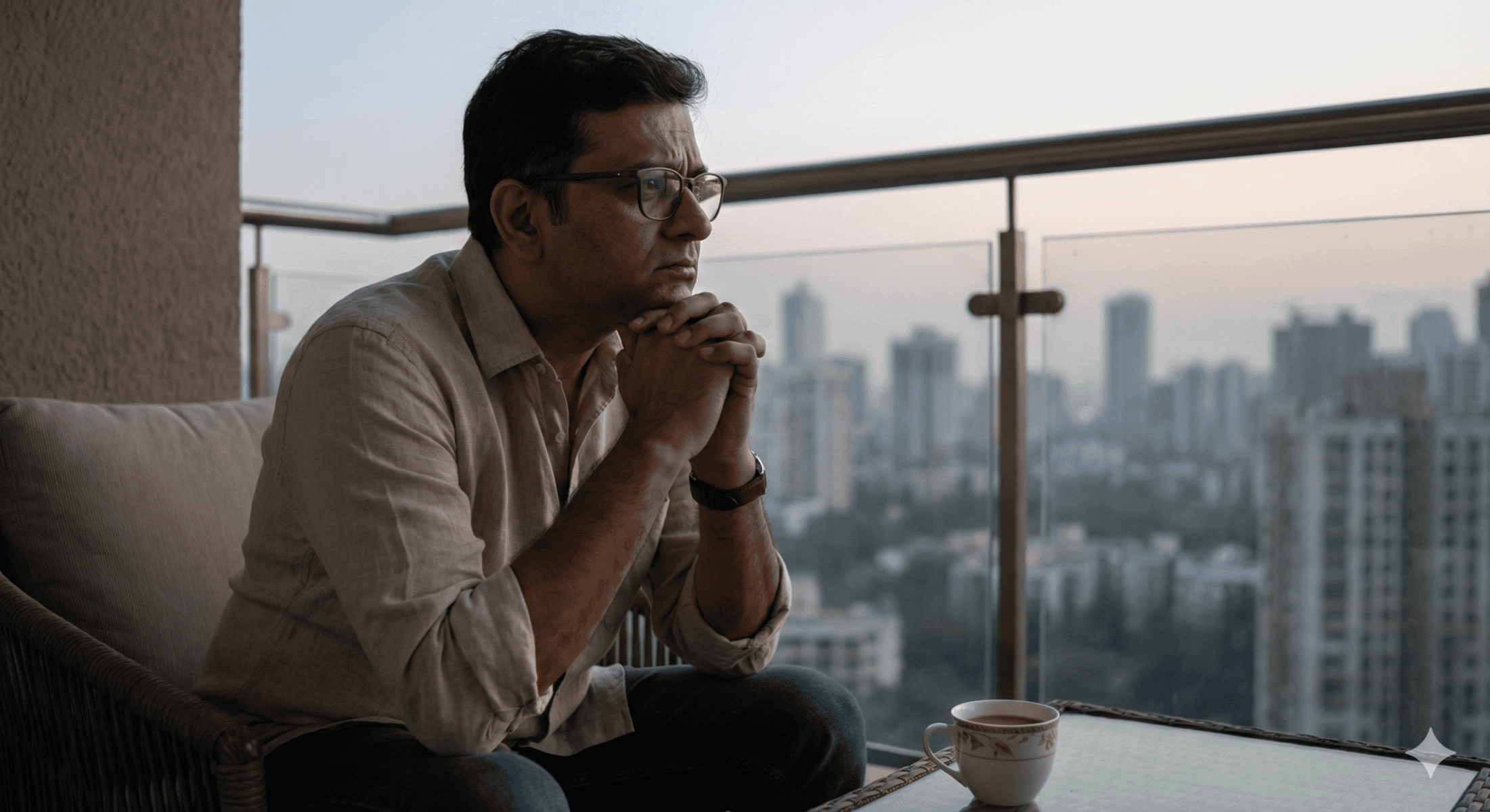 A man sits on a balcony with his hands clasped under his chin, looking thoughtful. He faces a cityscape at dusk, with a cup of tea or coffee on the table in front of him.