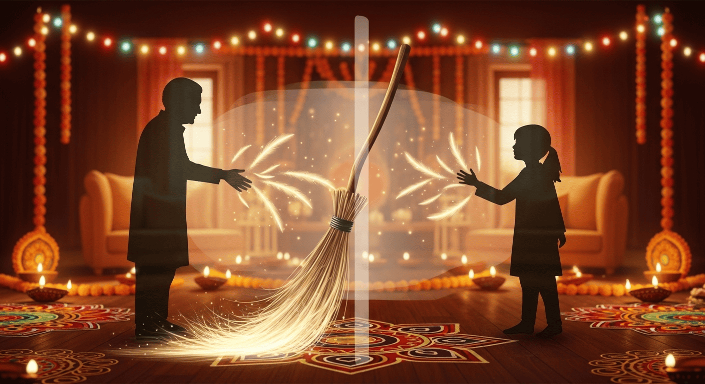 Two children silhouetted against a festive, warmly lit room with rangoli and lamps, holding a broom that emits glowing light, symbolizing cleaning together during a celebration.
