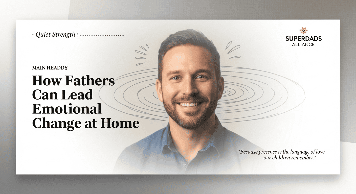 A smiling man with a beard stands in front of a gray background with drawn swirl lines around his head. Text reads: "How Fathers Can Lead Emotional Change at Home" by Superdads Alliance.