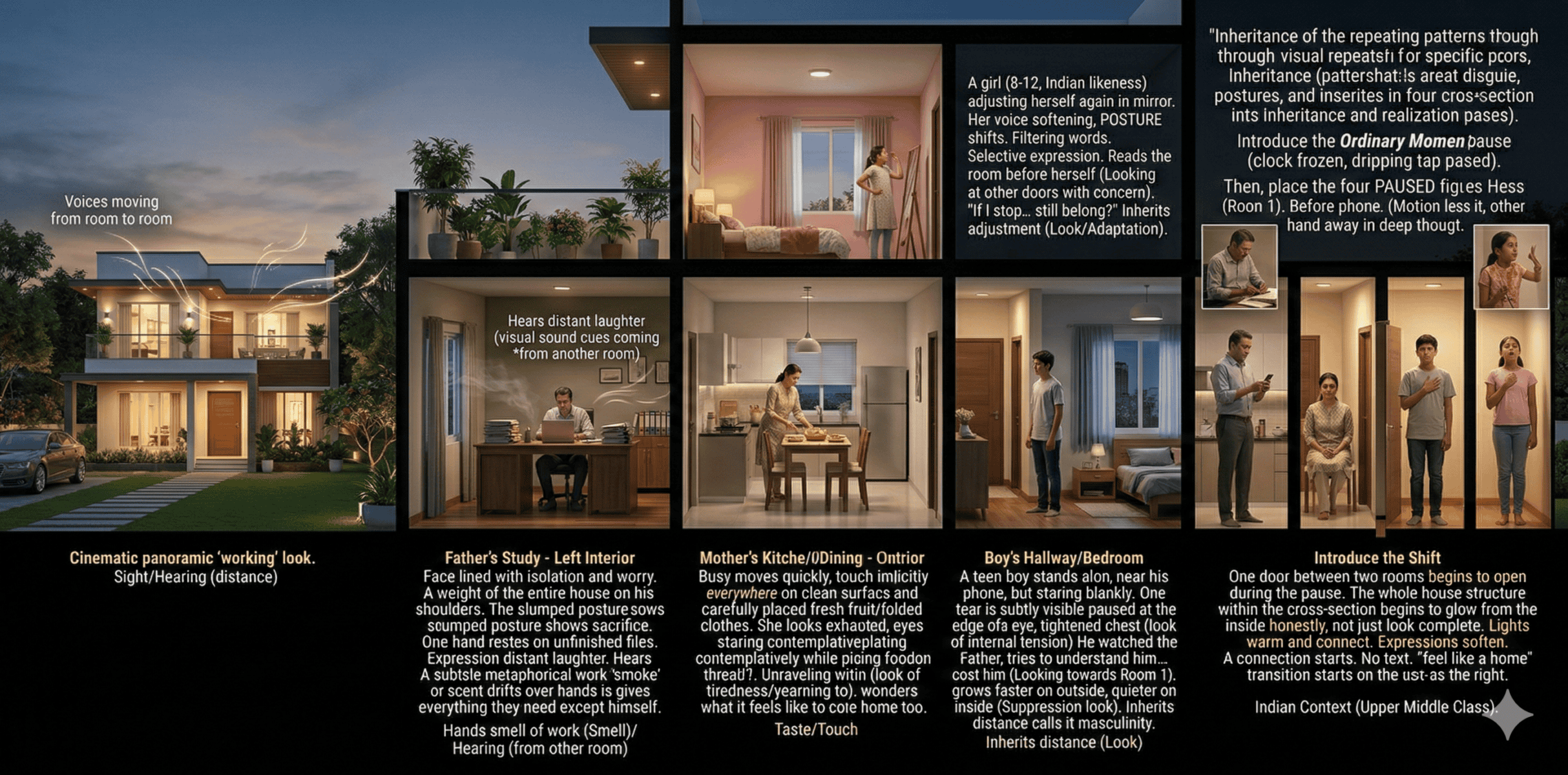 A modern two-story house is shown in cross-section with various family members engaged in activities in different rooms, illustrating scenes of daily life, conversations, and emotional expressions at varying distances. Text annotations explain each scene.