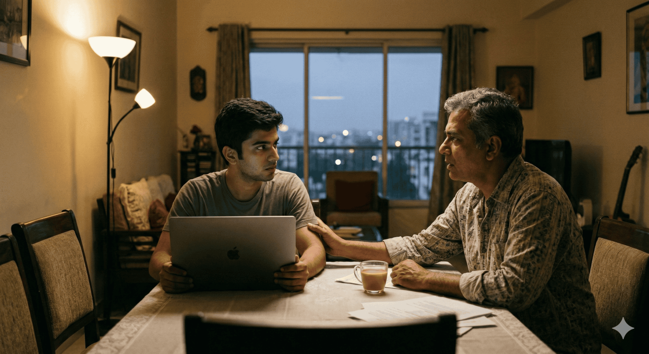 A young man sits at a dining table using a laptop while an older man sits beside him, gently holding his arm and talking. Papers and a cup of tea are on the table; the room is warmly lit with a city view visible through the window.
